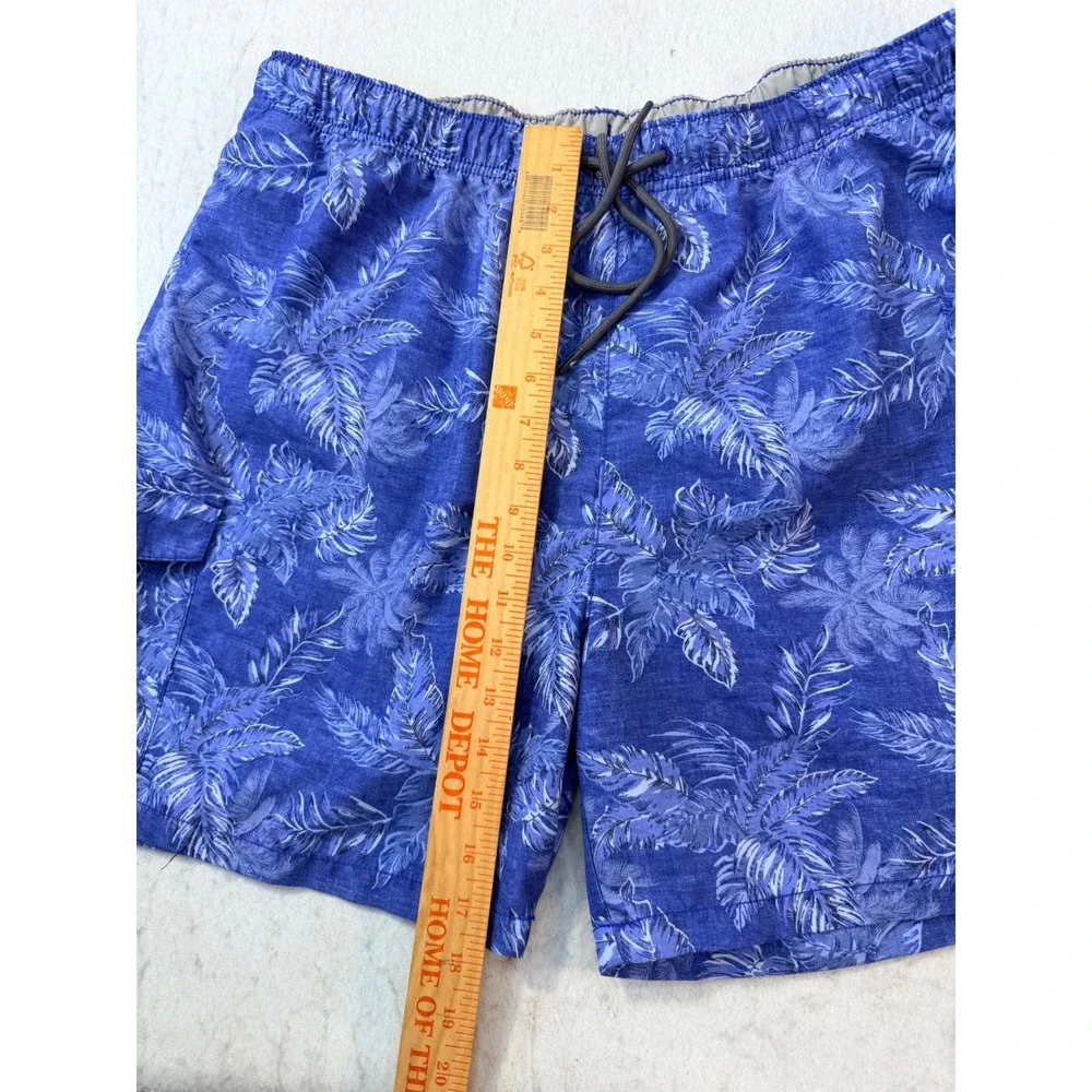 Tommy Bahama Mens Blue Tropical Palm Leaf Cargo Swim Trunks Board Shorts L